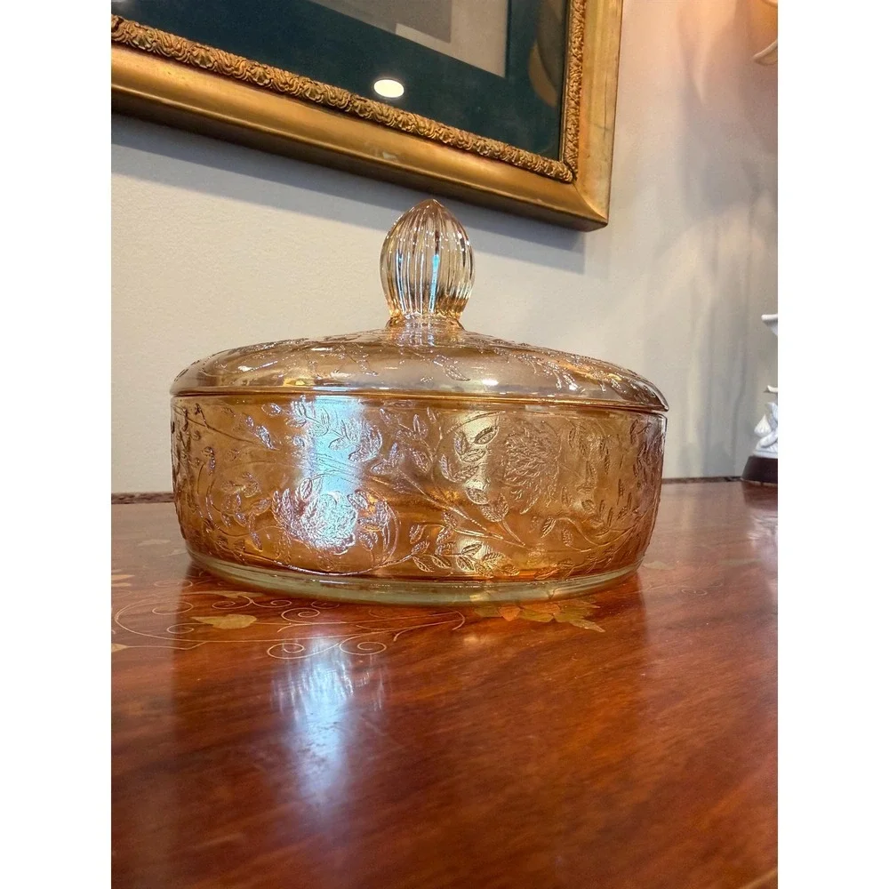 Vintage Jeannette Floragold Louisa Covered Dish, Marigold Carnival‎ Glass Bowl